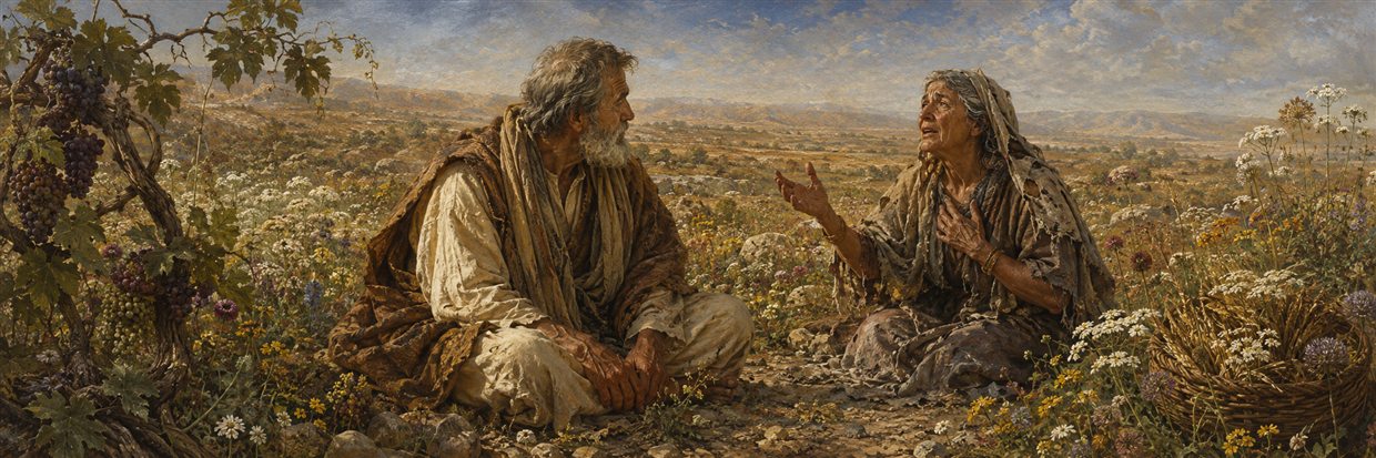 Ezra encounters a mourning woman in a field of flowers after fasting and lamenting over the law